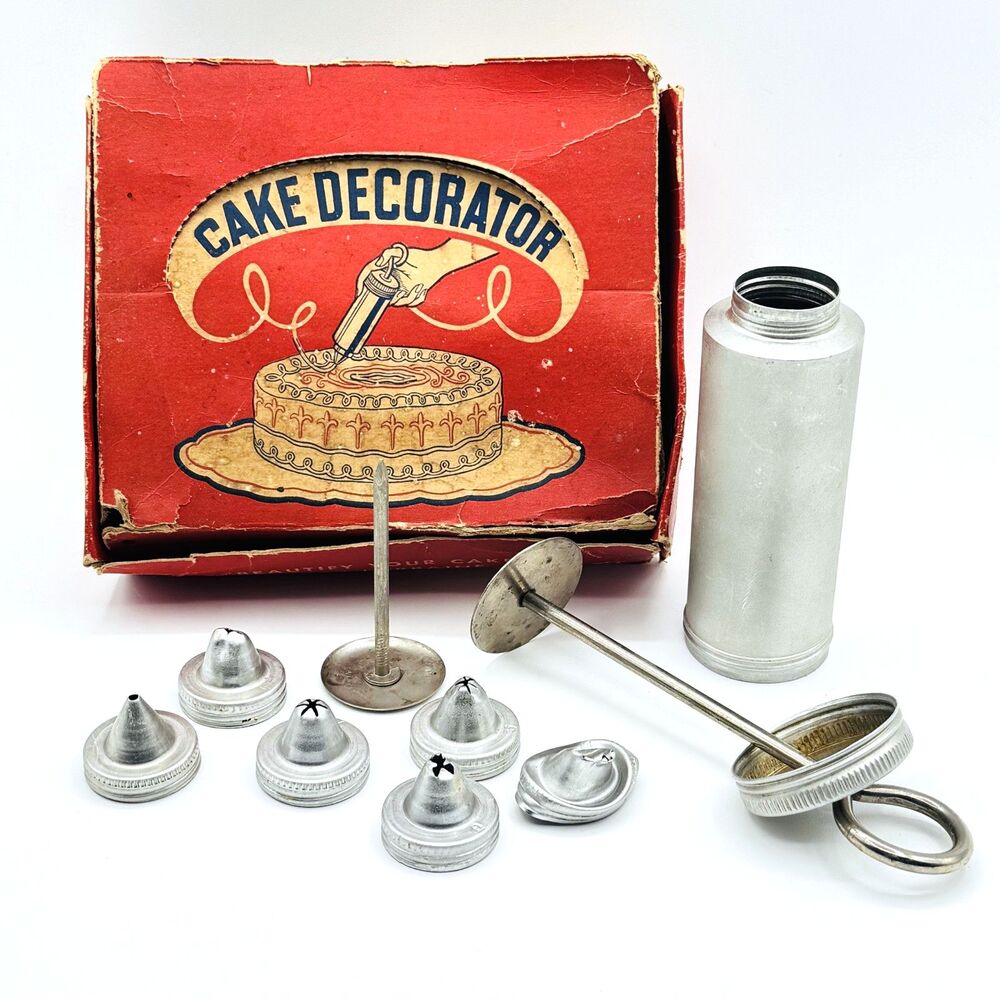 Lorraine Novelty Mfg Co Aluminum Cake Decorator Set 6 Tips Original Box Vintage
